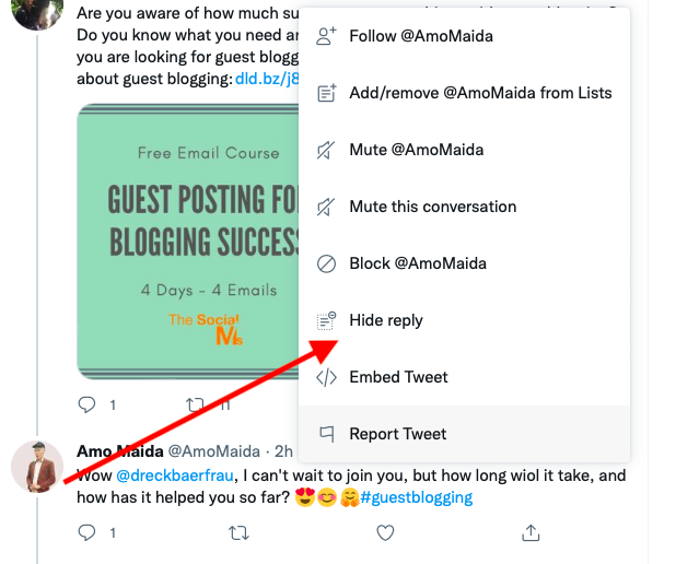 Twitter feature hide a reply