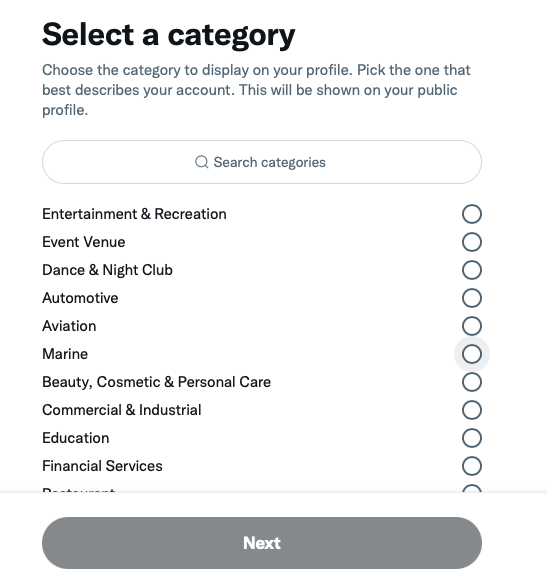 Twitter for professionals select a category