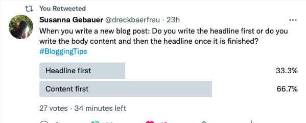 Twitter poll about what do people create first: the blog title or the blog content