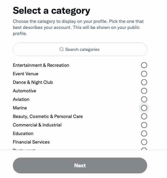 Twitter for professionals select a category