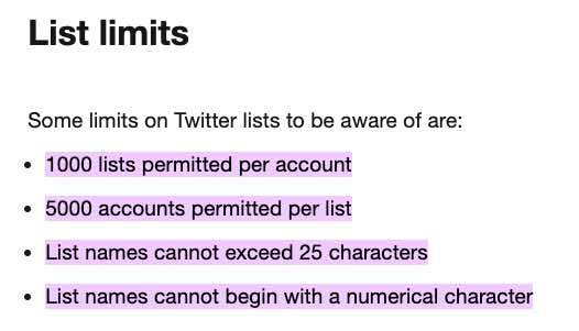 Limits for Twitter lists